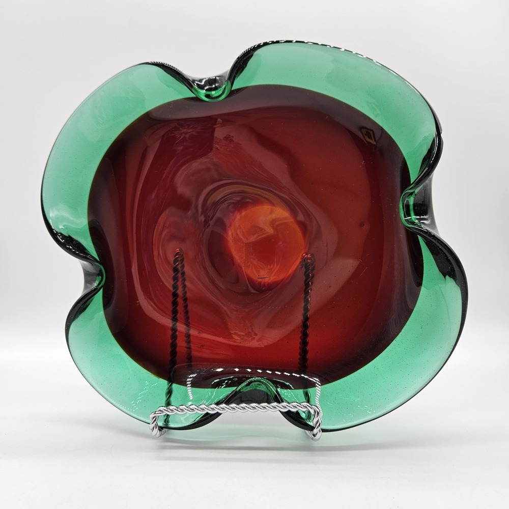 VTG MCM Murano Italy Sommerso Pinched Red Green Art Glass Ashtray Dish UV Glow!